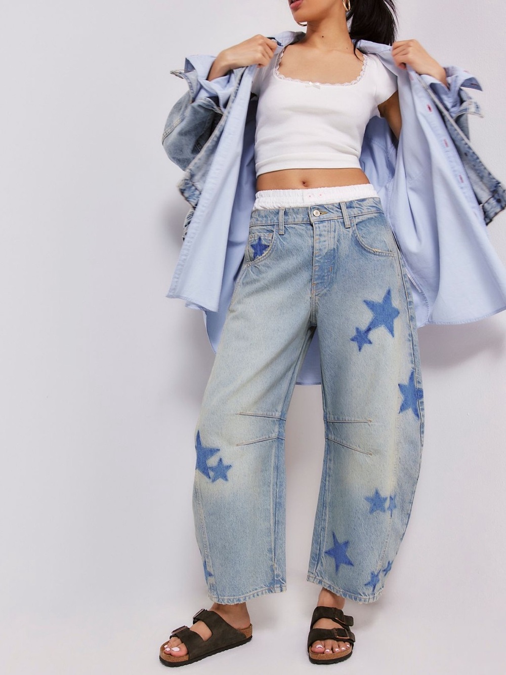 Free People Barrel Jeans shadow patch kismet star W 24 we the free good luck